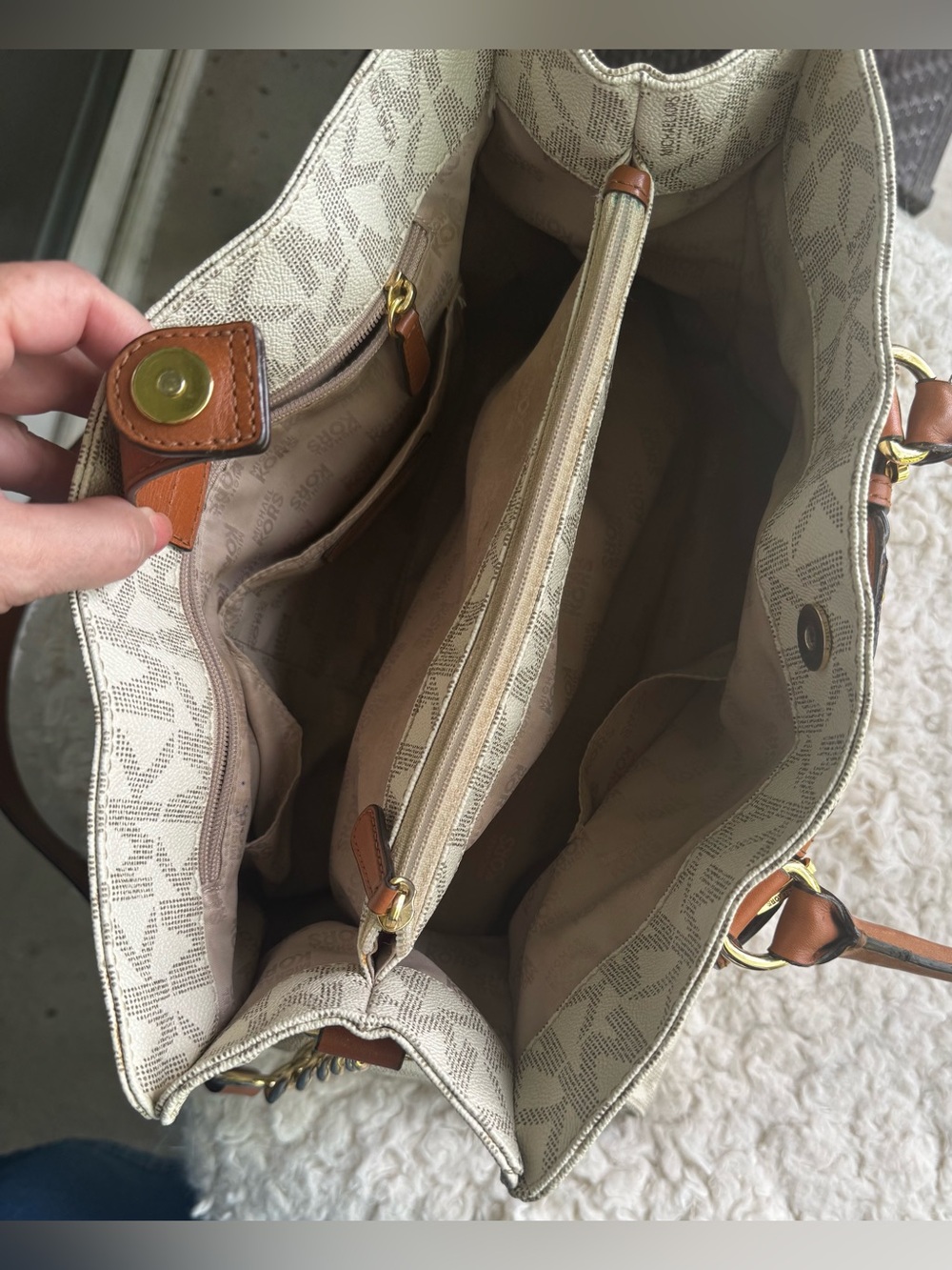 Michael Kors Beige MK Logo Satchel with Brown Leather Trim - Picture 4 of 6